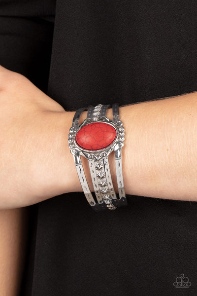 Mojave Mecca - Red - Paparazzi silver cuff bracelet with red center stone - TheSavvyShoppersJewelryStore