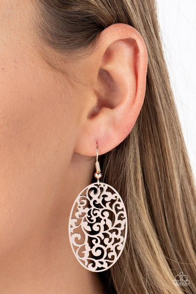 Secret Orchards - Rose Gold - Paparazzi rose gold earrings with a filigree design - TheSavvyShoppersJewelryStore