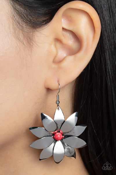 Pinwheel Prairies - Red - Paparazzi silver and red earrings - TheSavvyShoppersJewelryStore