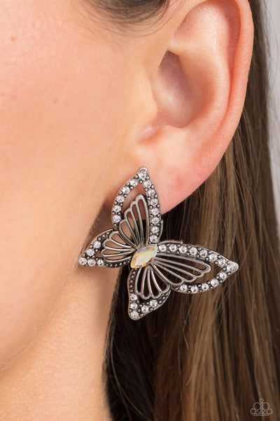 Wispy Wings - Multi - Paparazzi butterfly shaped post earrings feature wings outlined with clear rhinestones and an iridescent center stone - TheSavvyShoppersJewelryStore
