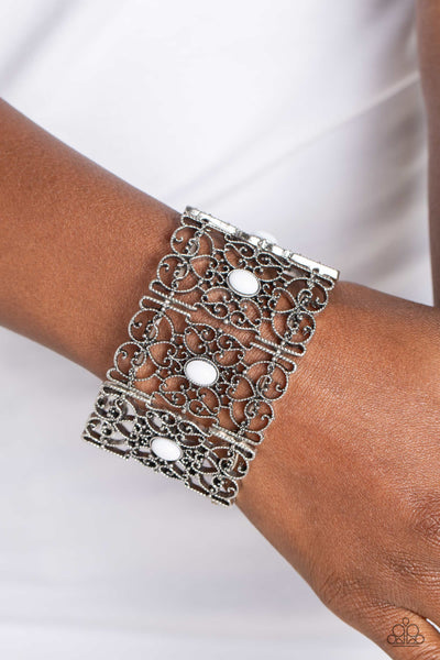 Fairest Filigree - White - Paparazzi silver stretchy bracelet with white beads and a filigree design - TheSavvyShoppersJewelryStore