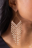 V Fallin - Gold Paparazzi dangly free-fall earrings with rhinestones - TheSavvyShoppersJewelryStore