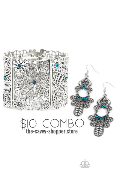 Paparazzi Galapagos Gala Earrings and Garden City Bracelet - Features a beautiful silver filigree design dotted with blue rhinestones - TheSavvyShoppersJewelryStore