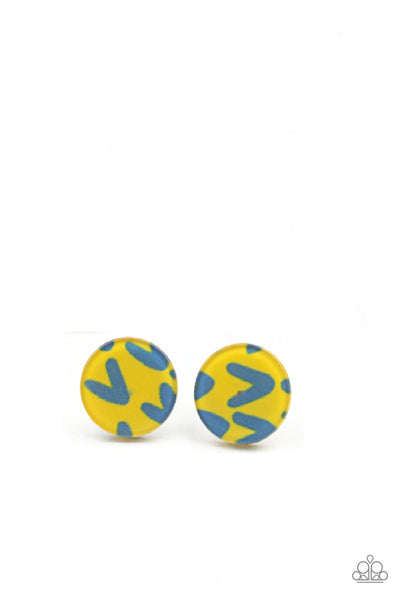 Paparazzi Starlet Shimmer Patterned Blue and Yellow Earrings (for Little Girls)