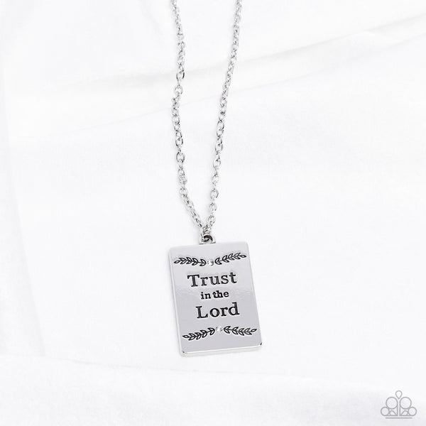 Paparazzi All About Trust - White Silver Necklace inscribed with "Trust in the Lord"