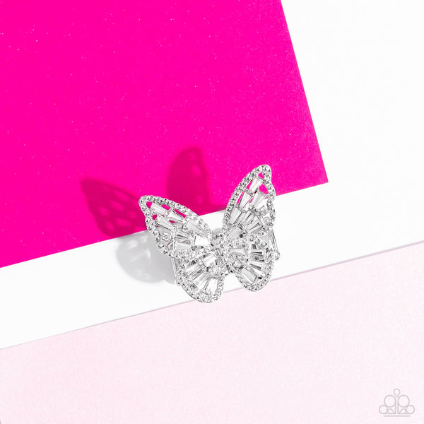 Bright-Eyed Butterfly - White - Paparazzi white rhinestone butterfly ring in silver - TheSavvyShoppersJewelryStore