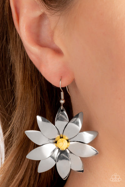 Pinwheel Prairies - Yellow - Paparazzi yellow and silver earrings shaped in a flower - TheSavvyShoppersJewelryStore
