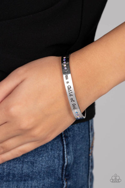 Divine Display - Multi - Paparazzi silver cuff bracelet with multi colored stones and inscribed with "I am a child of God" - TheSavvyShoppersJewelryStore