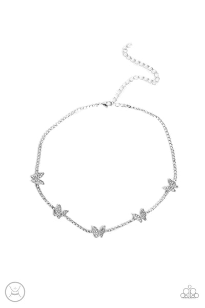 Fluttering Fanatic - White - Paparazzi choker necklace with rhinestone butterflies - TheSavvyShoppersJewelryStore