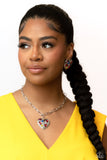 Heart Necklace and Earring Combo - Paparazzi heart shaped necklace and earring with Brushed with shimmery pink, yellow, blue, and red gems in round, teardrop and emerald cuts - TheSavvyShoppersJewelryStore