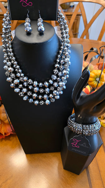 Paparazzi Influential - Zi Collection Black and Rhinestone Necklace and Exclusive Zi Bracelet