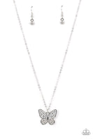 Paparazzi Flutter Forte - White Rhinestone Butterfly Necklace