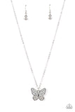 Paparazzi Flutter Forte - White Rhinestone Butterfly Necklace