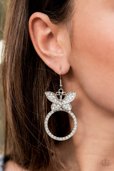 Paparazzi Paradise Found - White Rhinestone Butterfly Earrings